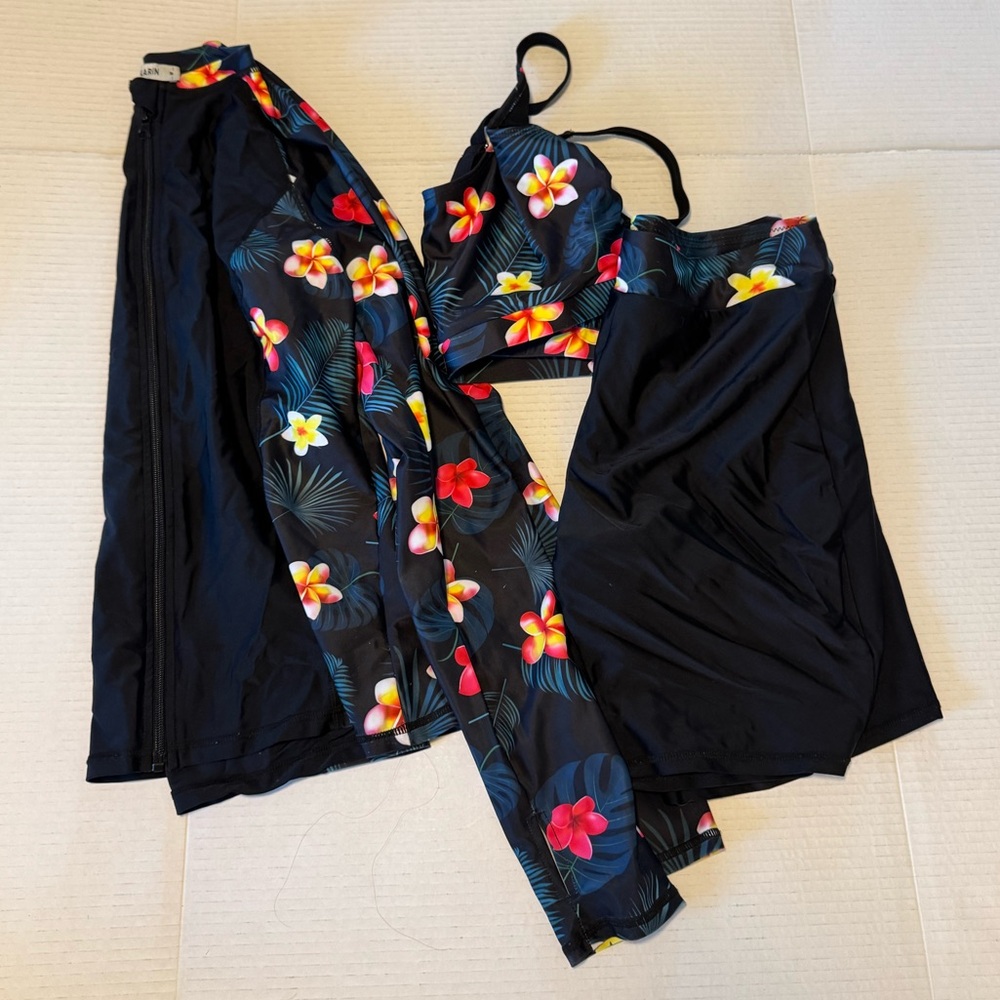 Grace Karin Black Floral Women's swim set beach sun coverup modest shorts jacket